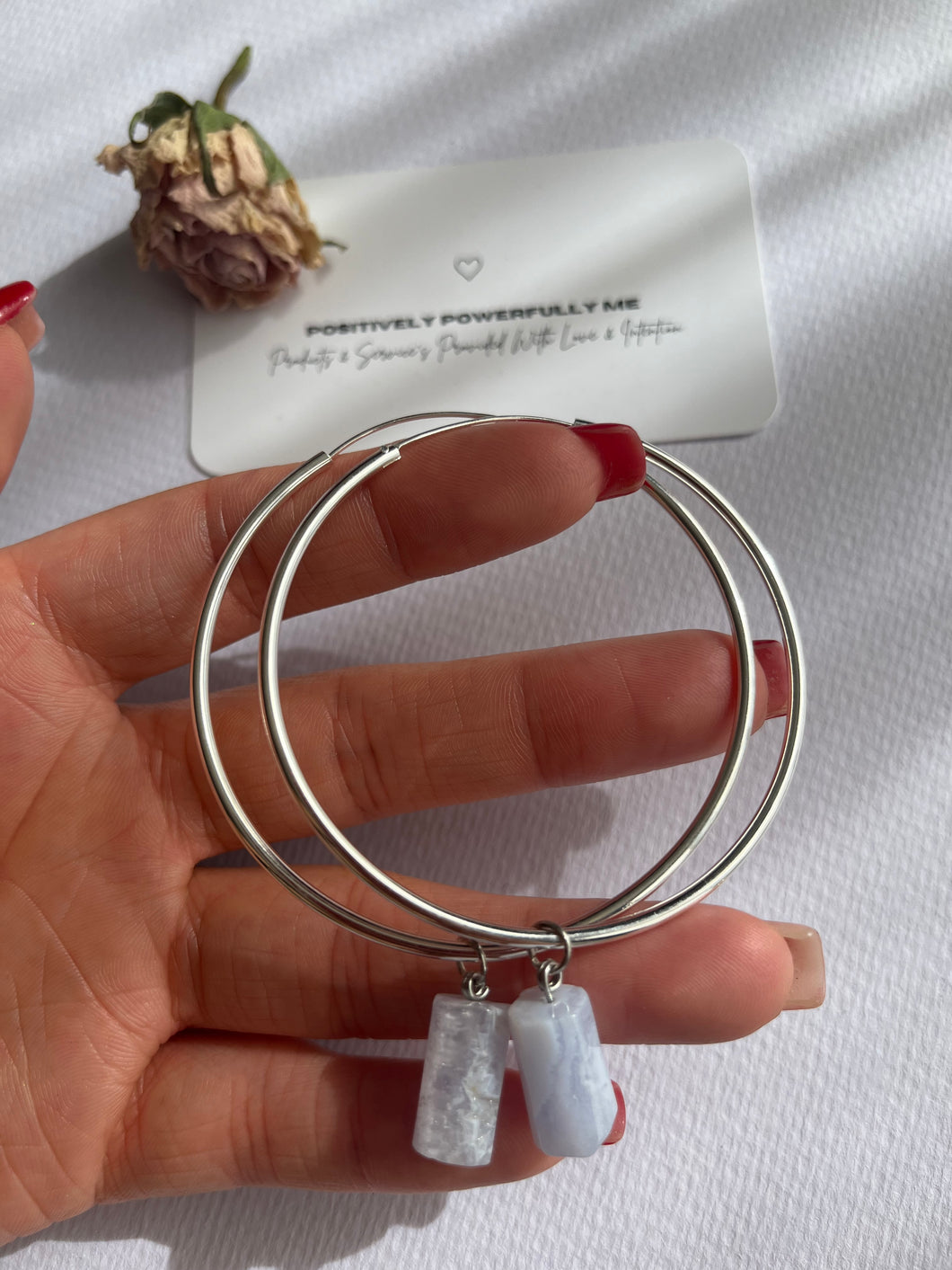 Blue Lace Agate Silver Charm Hoops